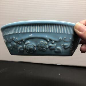 Vintage TST Oven Serve Ware USA Floral Rose Blue Ceramic Embossed 6” 1950s